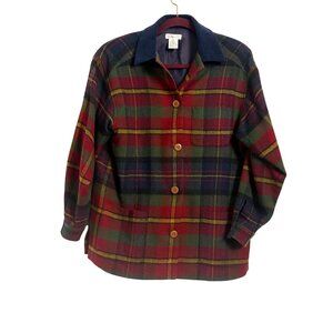 Talbots Womens Sm Plaid‎ Wool Jacket Red Lined Blue Corduroy Collar Chore Rustic